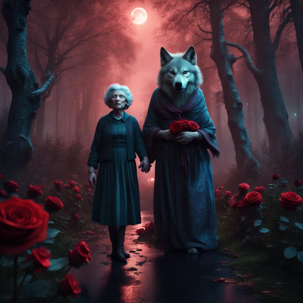 Creepy Granny and Daughter with Wolf in Forest