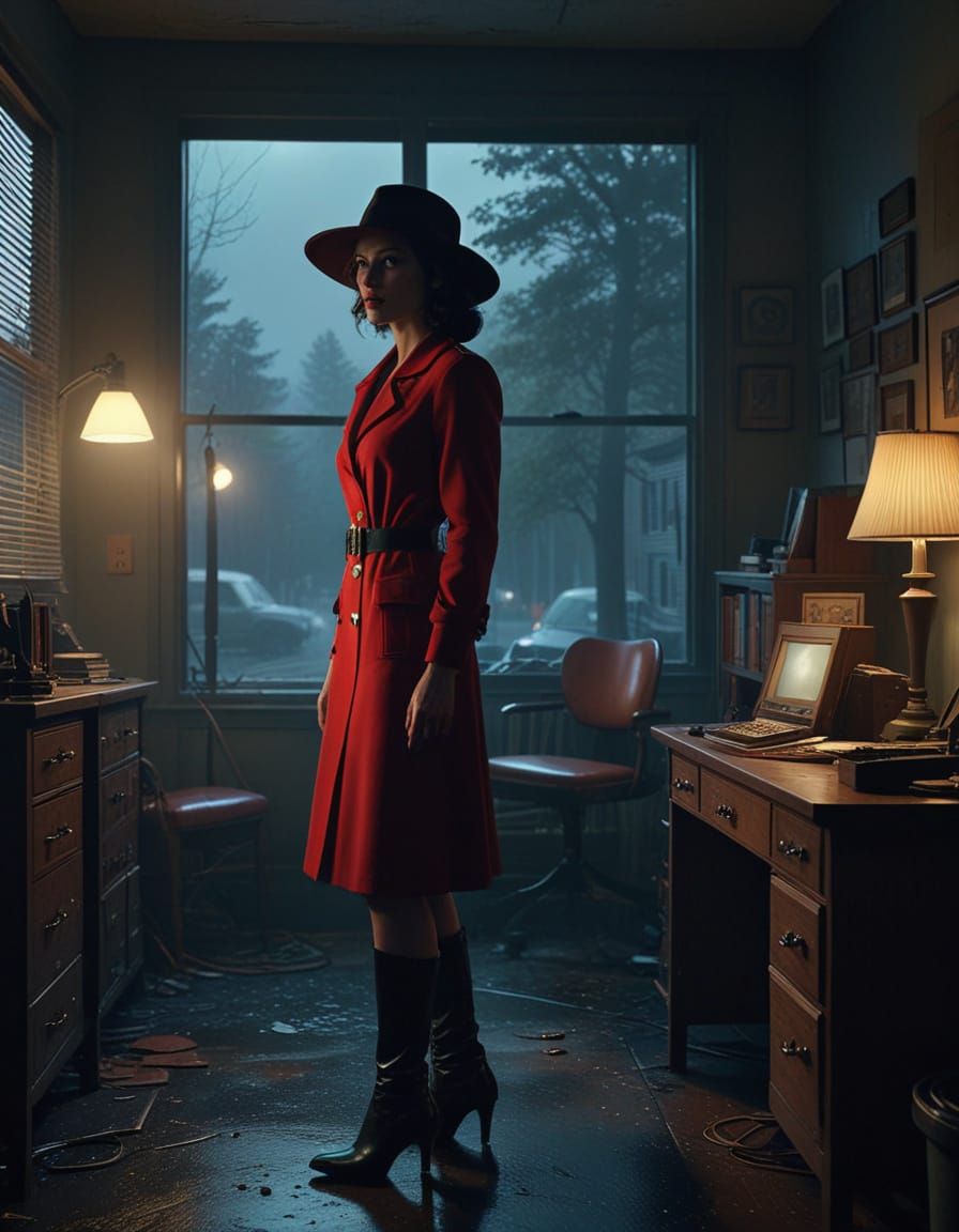 Mysterious Carmen Sandiego in a Moody Detective Office