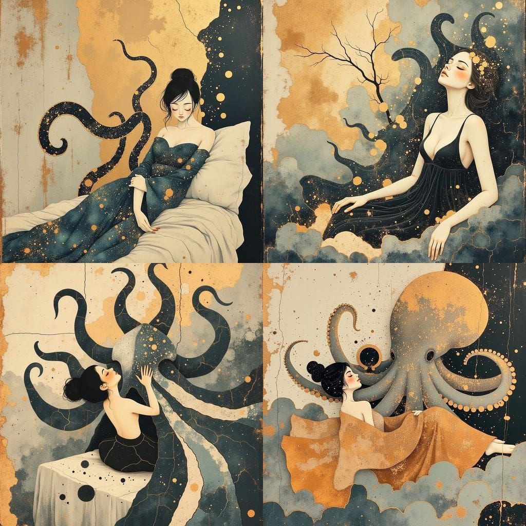 Octopus Woman in Ukiyo-e Style With Crow