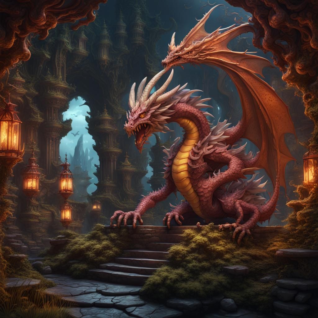 Fantastical Puzzle Dragon in Detailed Matte Painting
