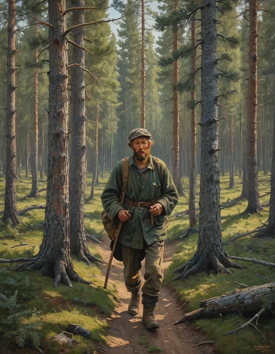 Boreal Forest Landscape Painting of Peasant Walking Home