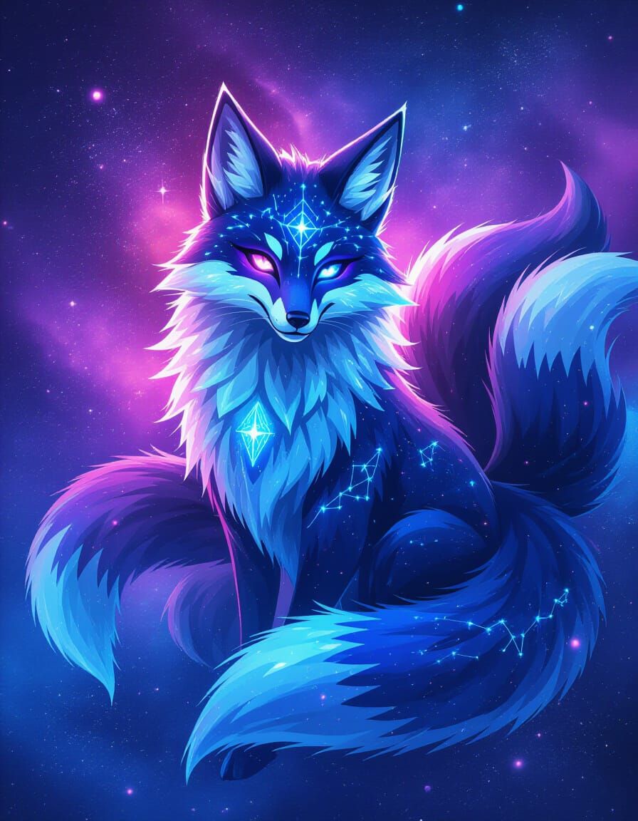 Cyberpunk Kitsune Emerging from Nebula in Watercolor Style