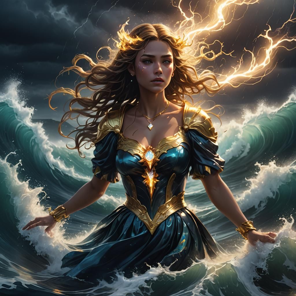 Magical Girl Summons Stormy Wave in Digital Art