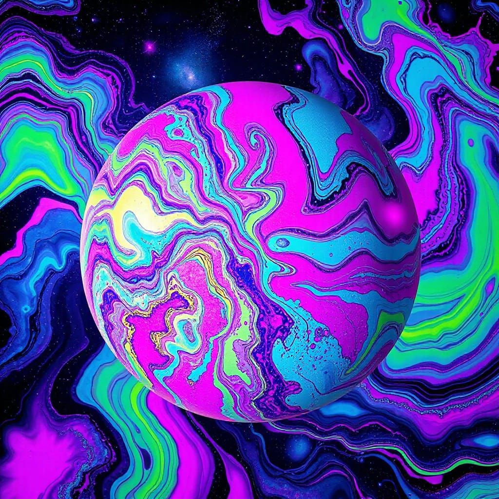 Vibrant Swirling Planet of Colorful Liquids in Surreal Style