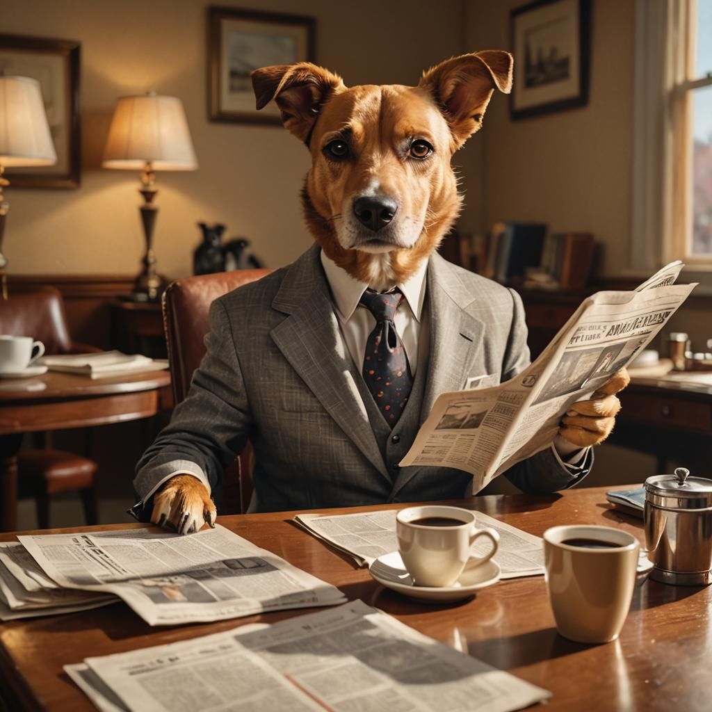 Dog in Suit Reads Newspaper: Photorealistic Portrait