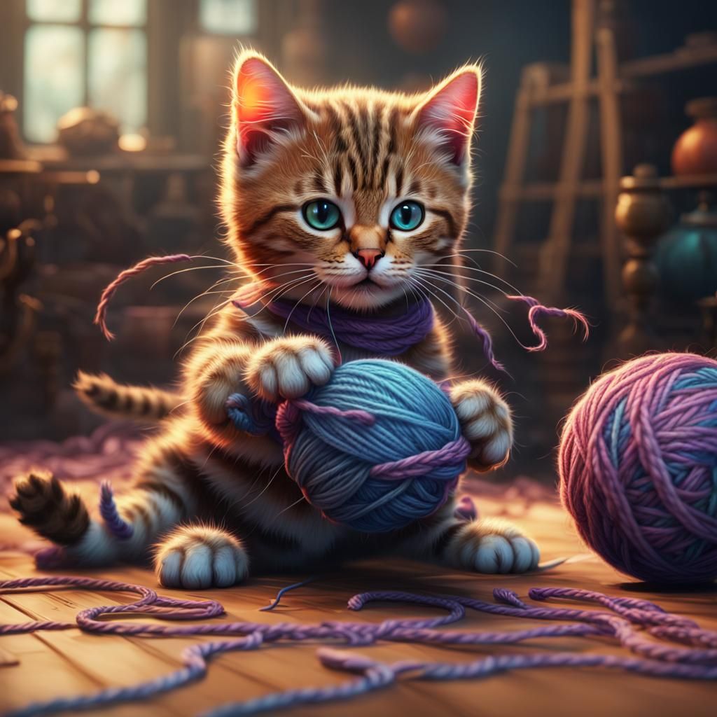 Cyborg Kitten Plays With Yarn: Fantasy Art