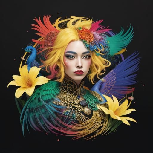 Abstract Expressionist Woman with Dragon Peacock Tail