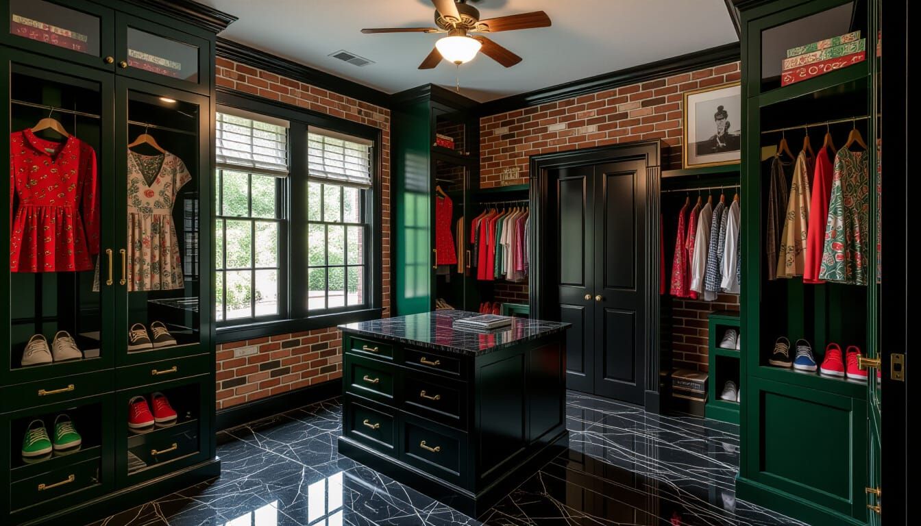 Victorian Walk-In Closet with Green Glass Cabinets