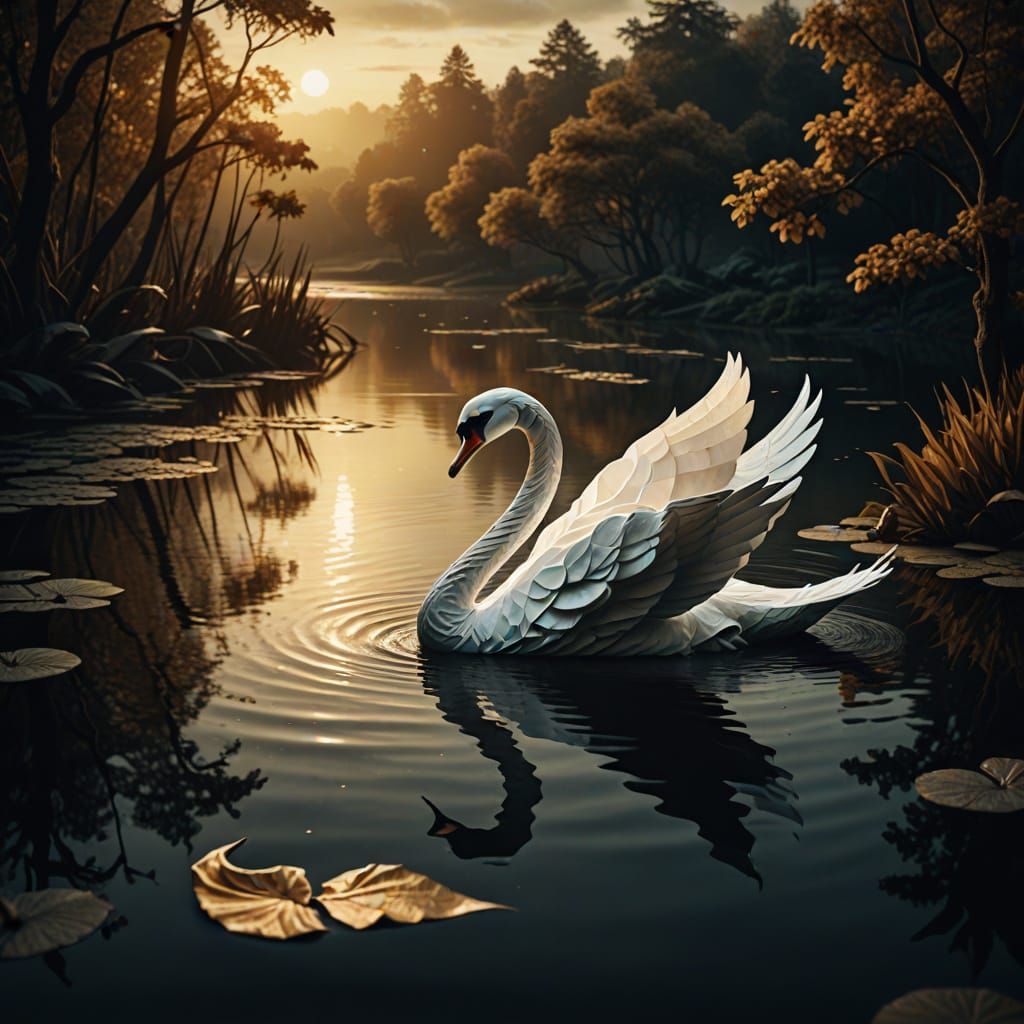 Origami Swan Glides on Pond in Dark Fantasy Style