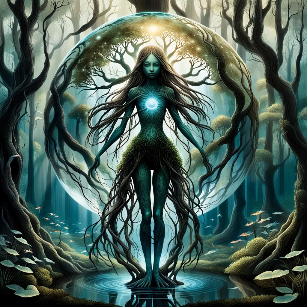 Ethereal Tree Woman Holds Aquatic World