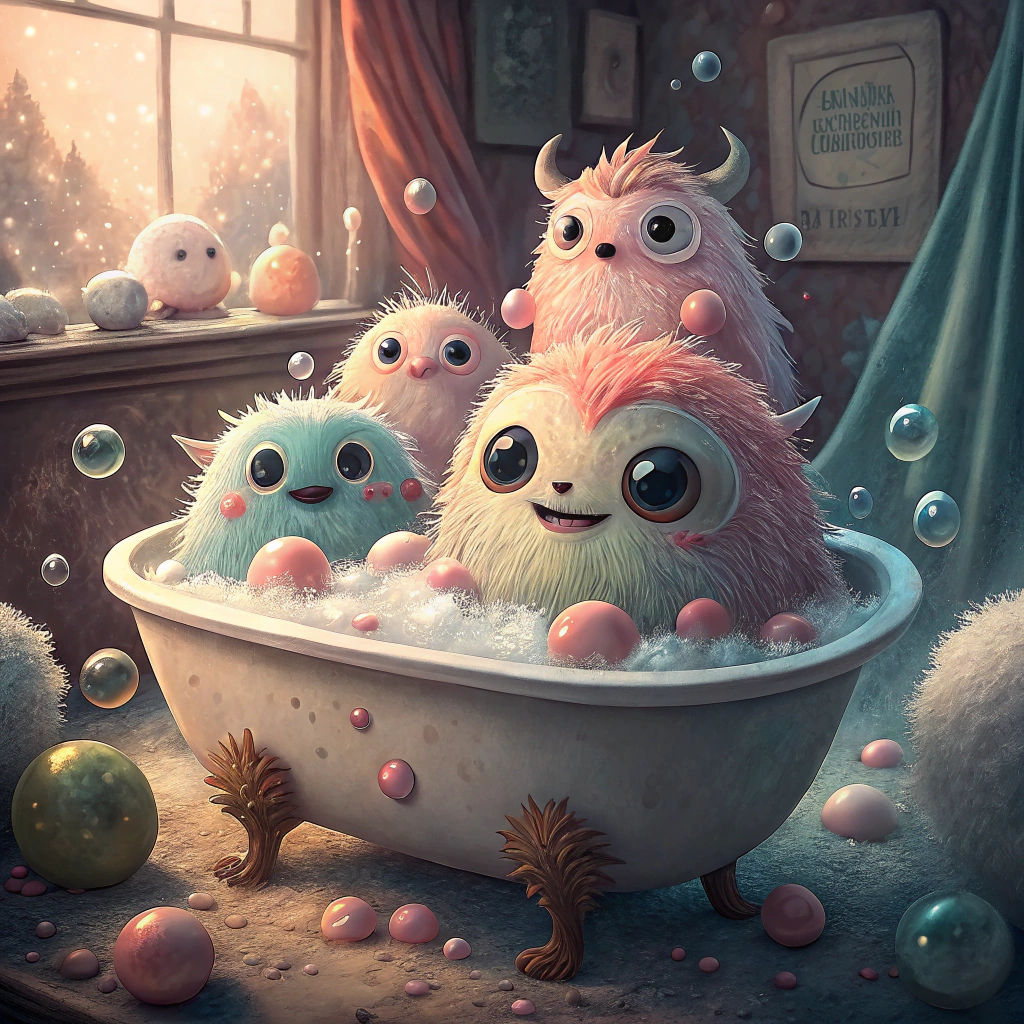 Cute Monsters in Foamy Bathtub, Whimsical Fantasy