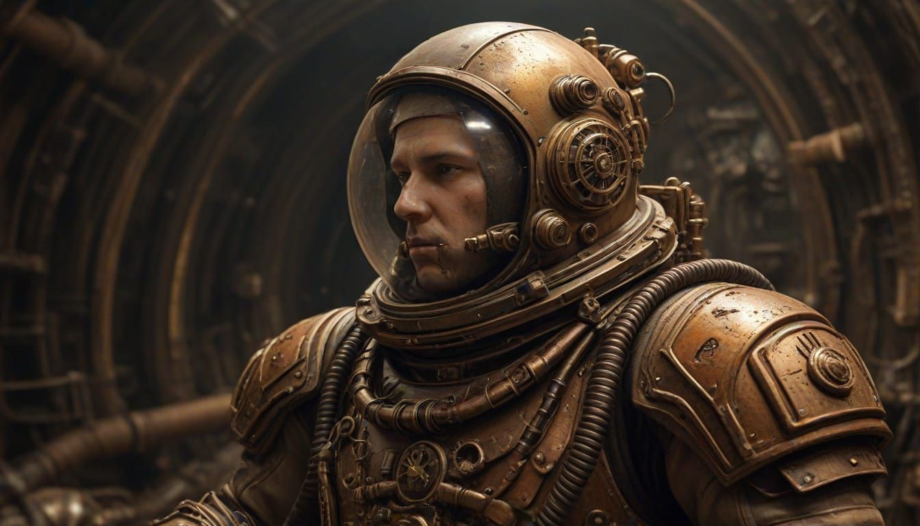 Steampunk Astronaut Salvages Spaceship with Brass Gears