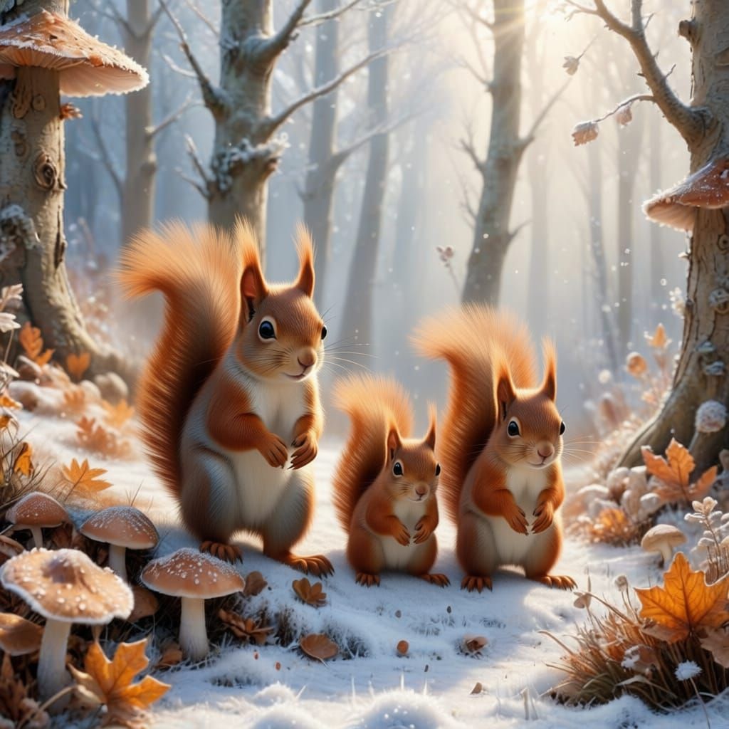 Red Squirrel Family in Snowy Woodland