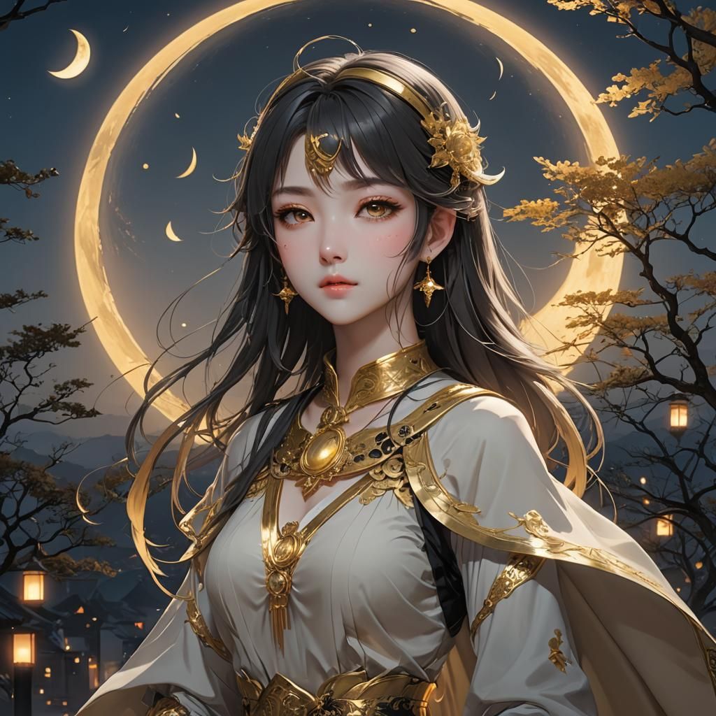 Anime Girl Under Golden Moon Eclipse