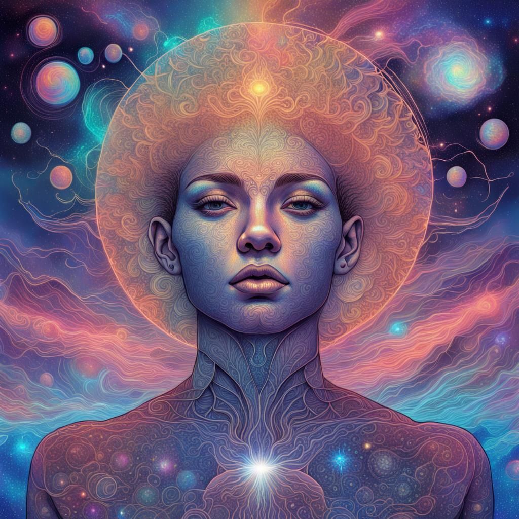 Holographic Cosmic Line Art Illustration in Mixed Media