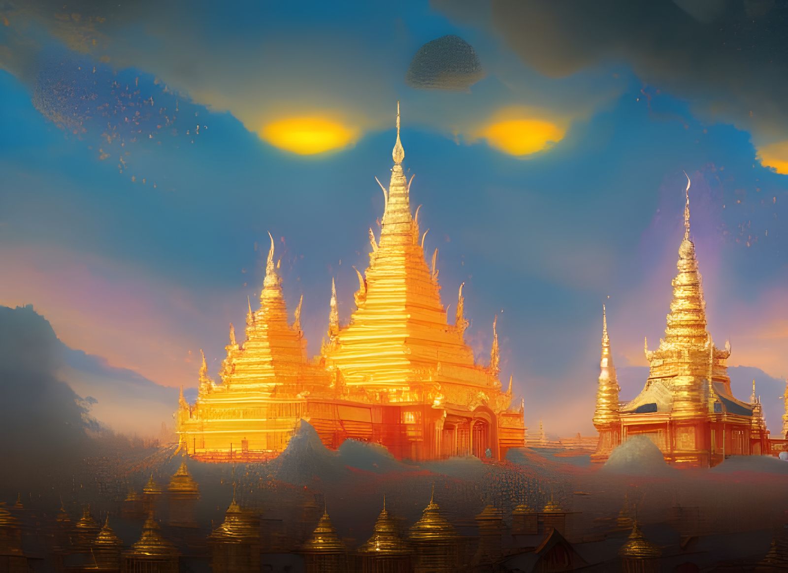 Flaming Golden Temple Palace Digital Oil Painting