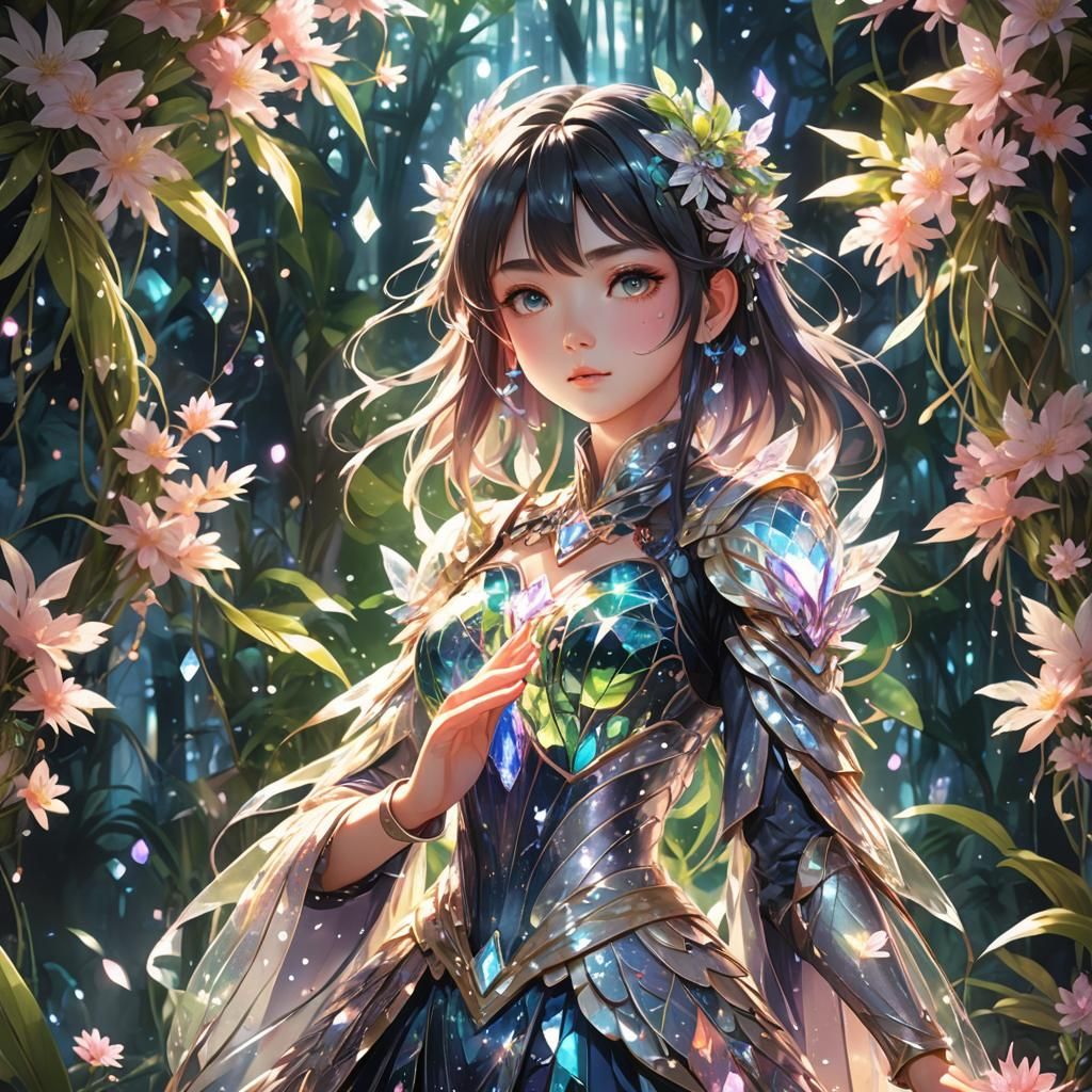 Anime Girl Portrait with Glowing Crystals