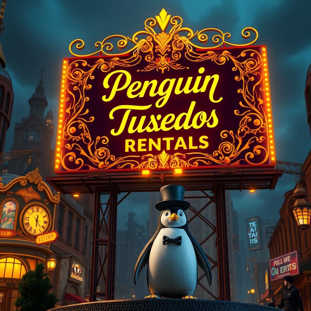 Elegant Penguin Tuxedo Rentals Billboard in Art Nouveau Styl...