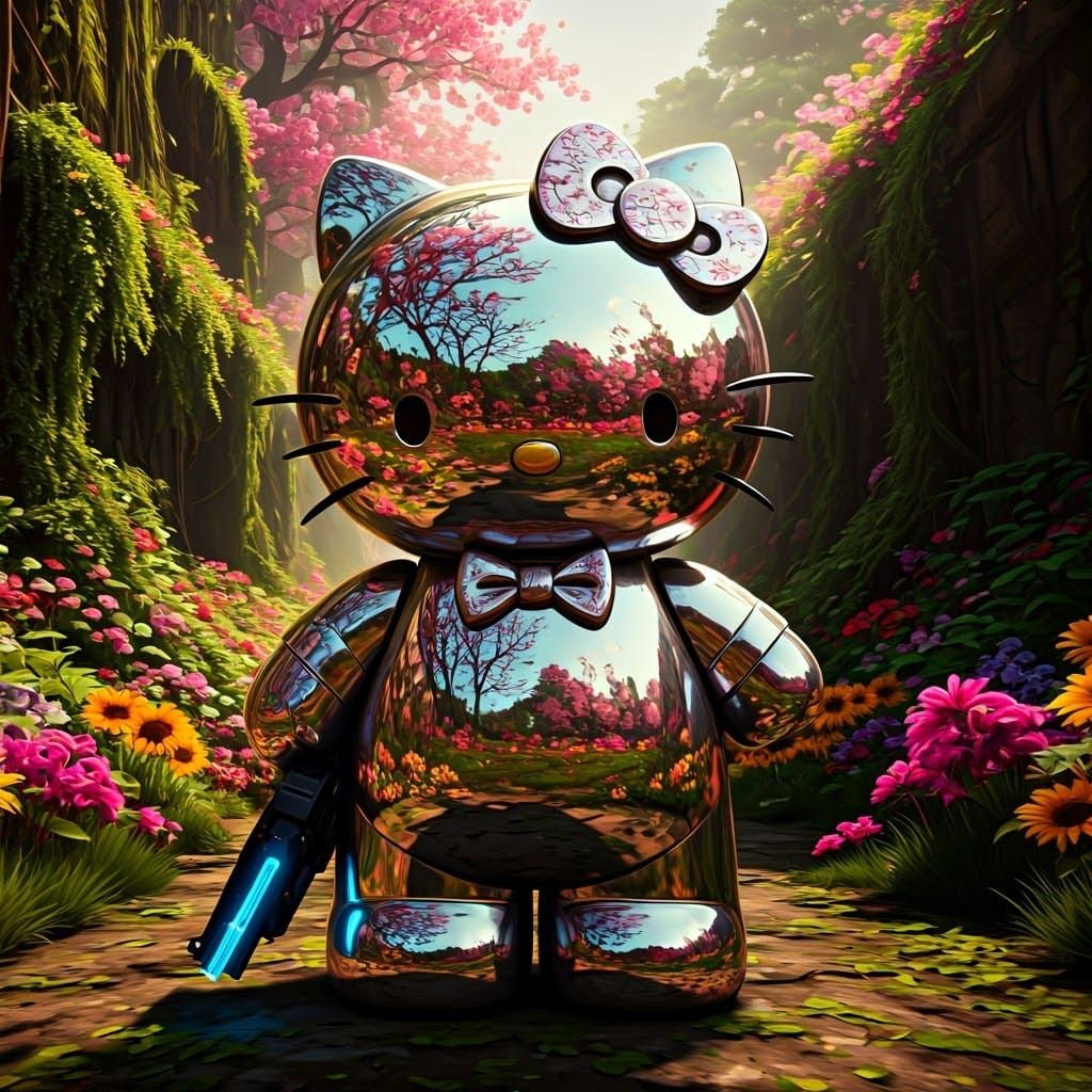 Hello-Kitty Robot Soldier Reflecting Floral Landscape