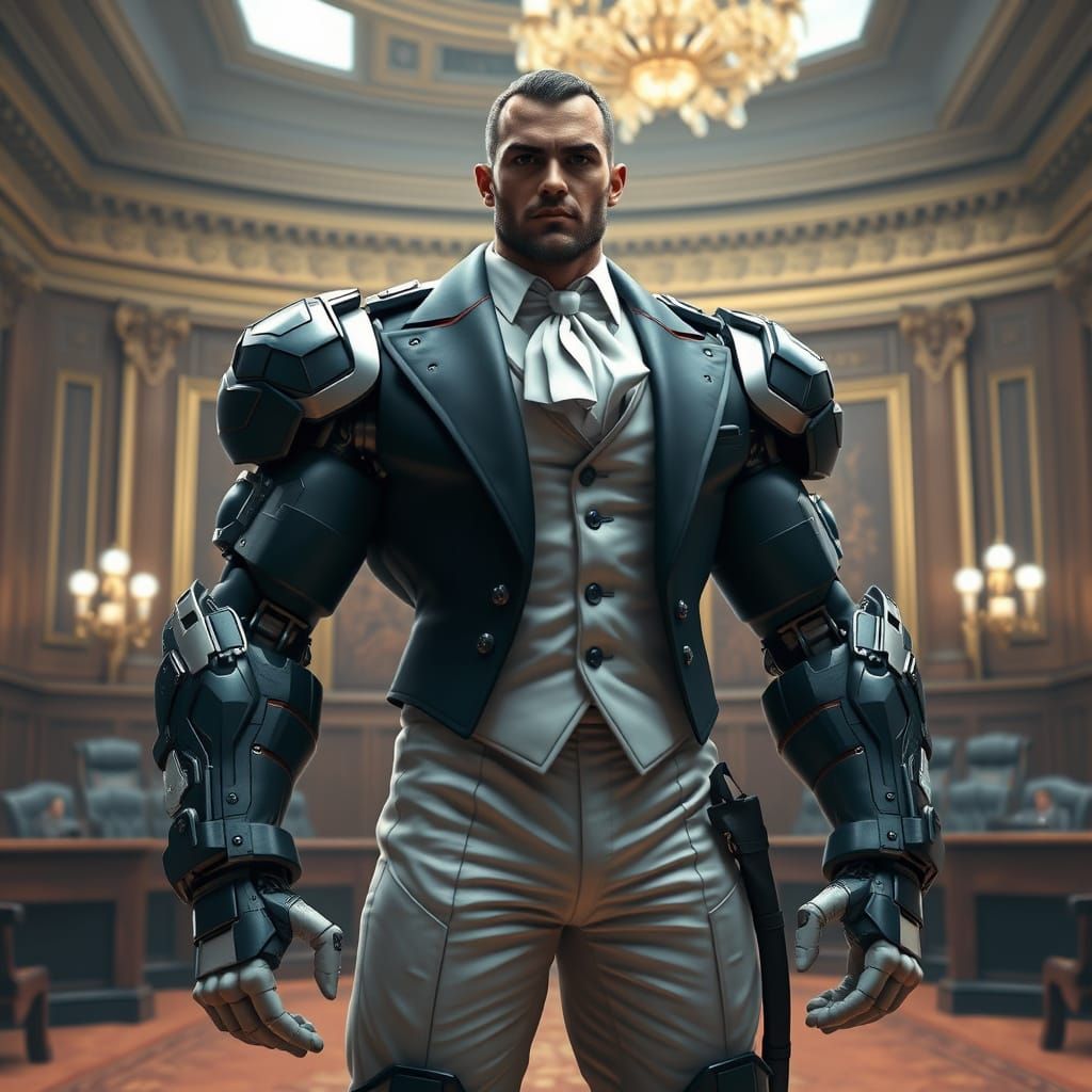 Cyborg Barrister in Ornate Courtroom