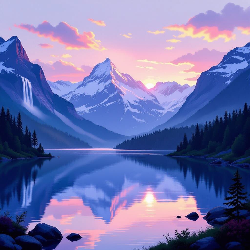 Majestic Mountain Range at Dawn in Dreamy Style
