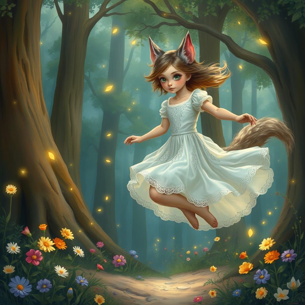 Ethereal Therian Girl Leaps Through Whimsical Forest