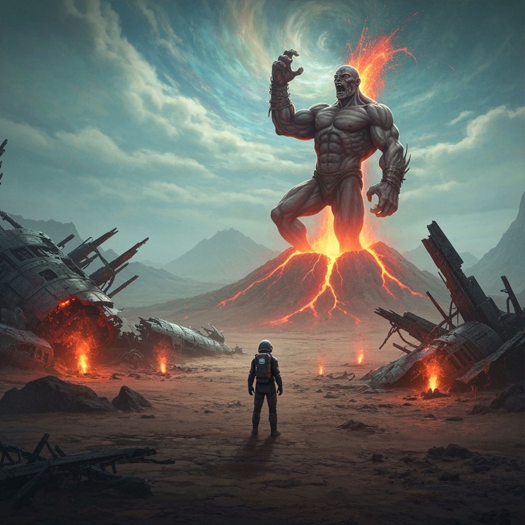 Astronaut Confronts Colossal Thug on Alien Planet