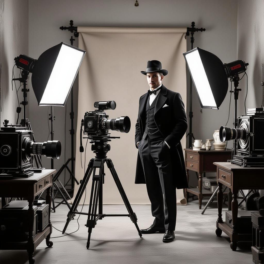 Vintage Photography Studio Scene in Classic Black and White