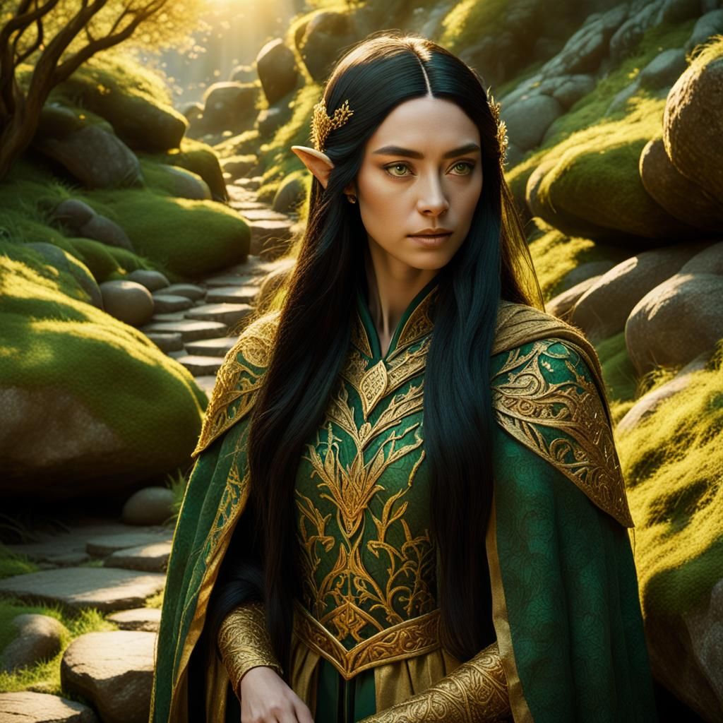 Elven Woman Manipulating Stone in Golden Light