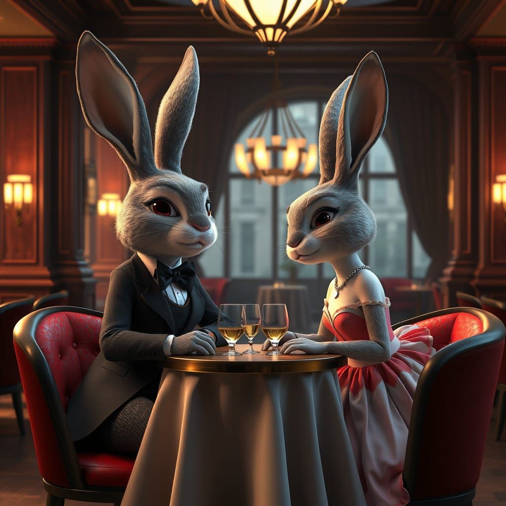 Romantic 3D Rabbit Date in a Luxurious Restaurant