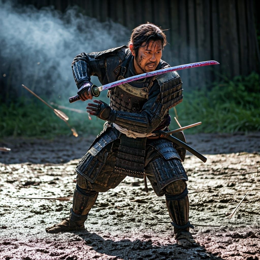 Samurai Warrior in Attack Stance: Gritty Realism
