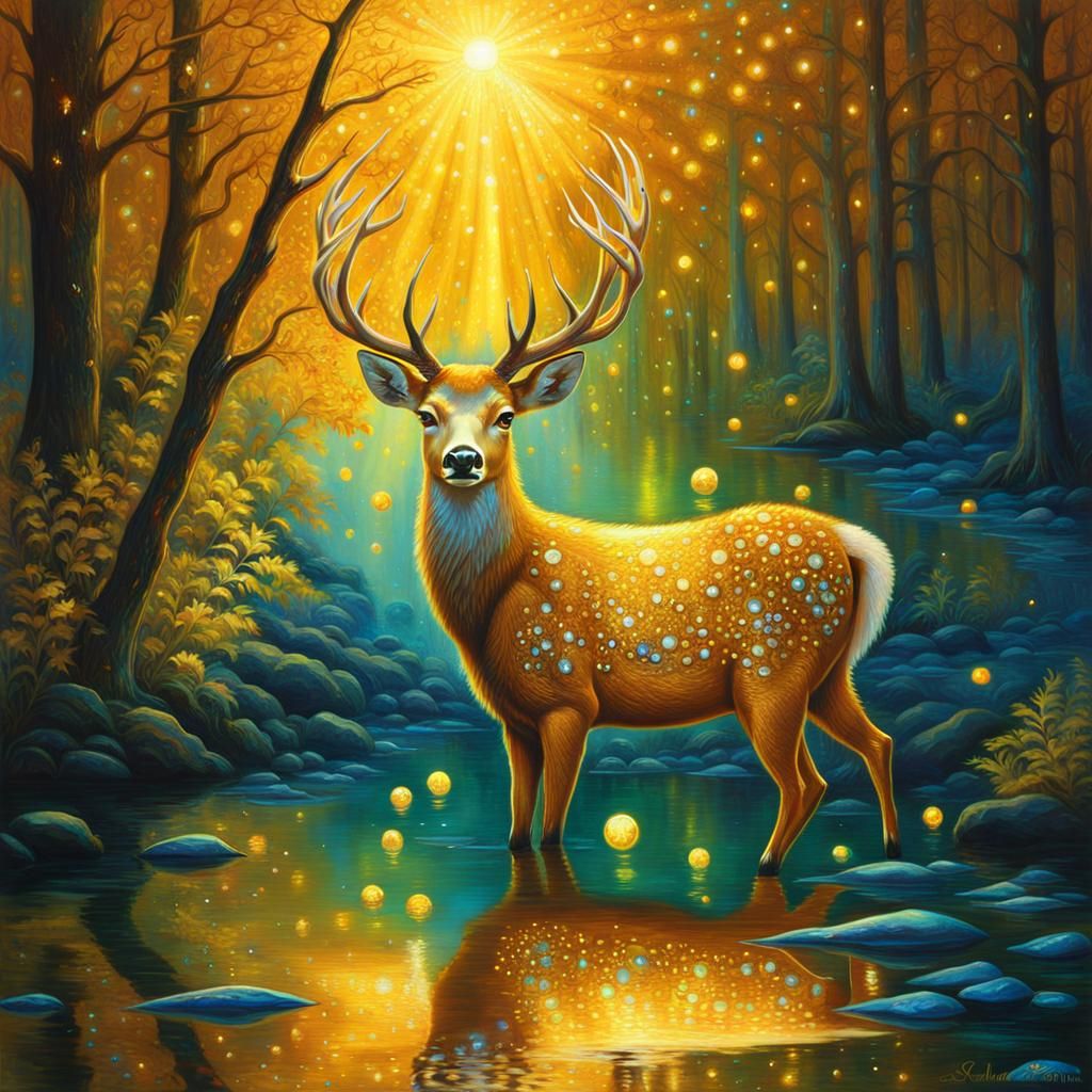Golden Crystal Deer in Bioluminescent Forest