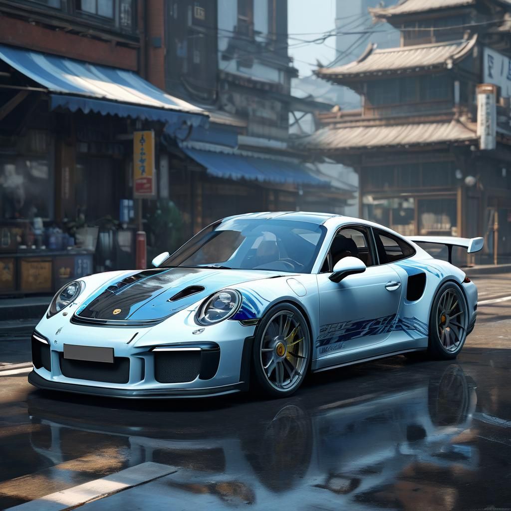 Blue and White Porsche in Anime Style