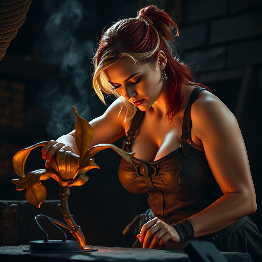 Medieval Blacksmith Crafts Wrought Iron Iris in Intense Forg...