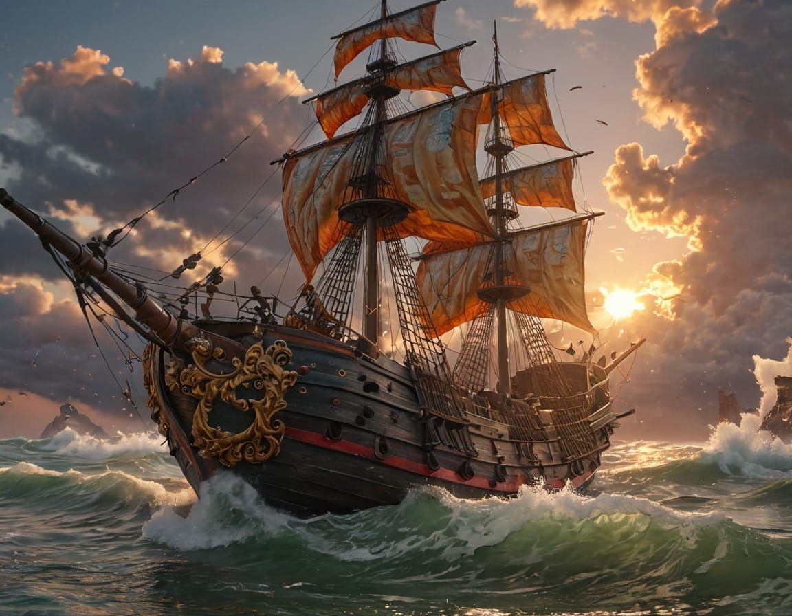 Spanish Galleon Bow in Fiery Sunset Splendor