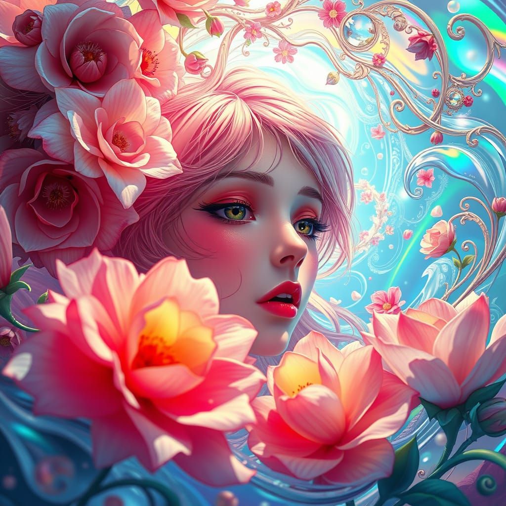 Surreal Anime Goddess Lost in Whirlpool of Iridescent Hues