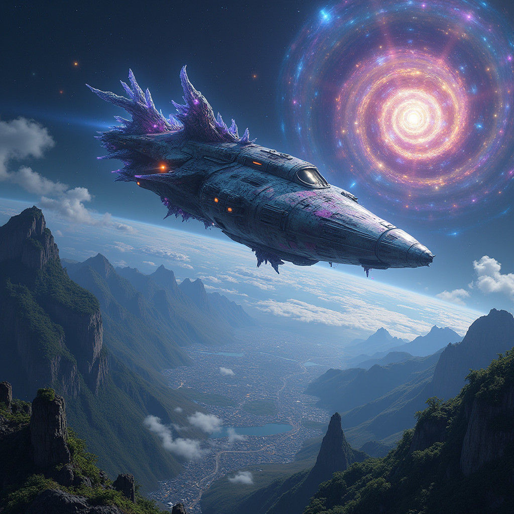 Alien Spaceship Descends to Earth in Photorealistic Style