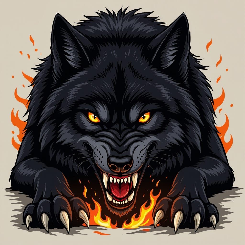 Graphic Art of a Fierce Black Wolf with Fiery Eyes