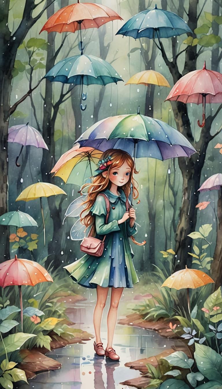 Fairy in Rainy Forest with Umbrella, Watercolor Art