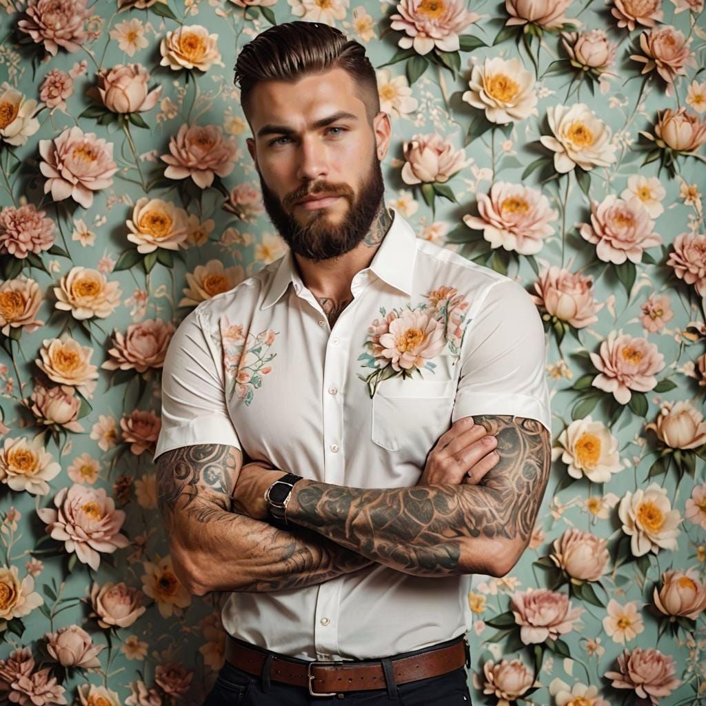 Muscular Man with Floral Tattoos Portrait