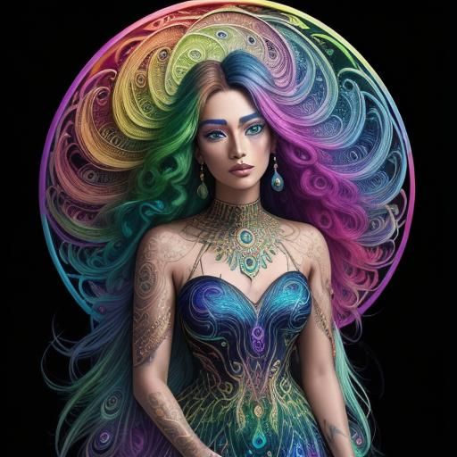 Cosmic Woman with Peacock Hair in Holographic Style