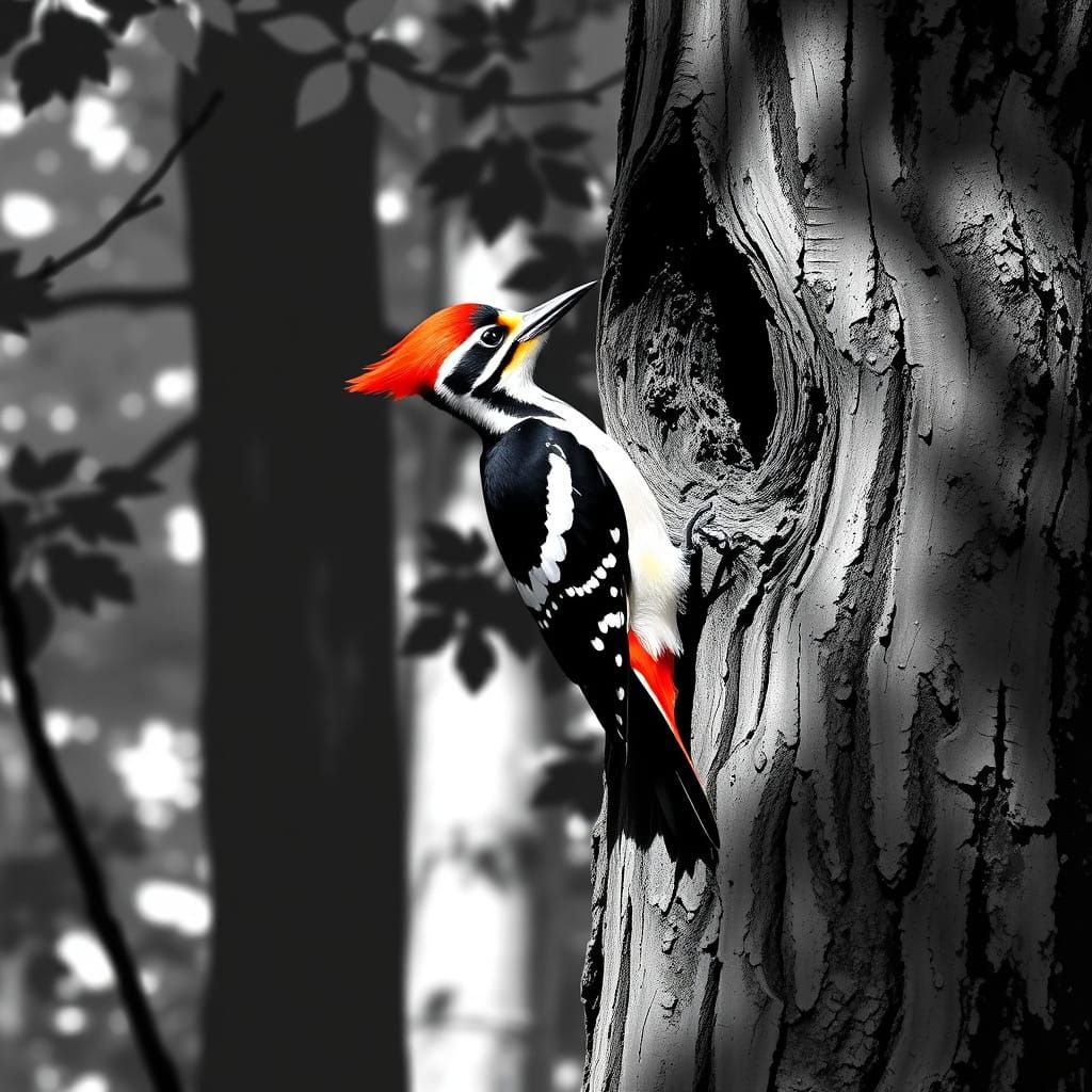 Whimsical Woodpecker in Monochromatic Forest, in Style of Ch...