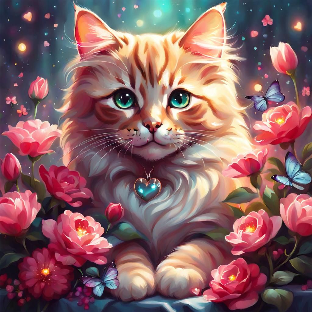 Cute Cat Surrounded by Flowers, Digital Illustration