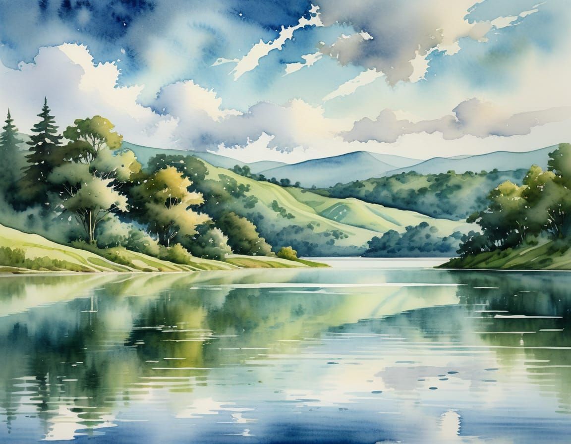 Tranquil Lake Landscape in Watercolor Style
