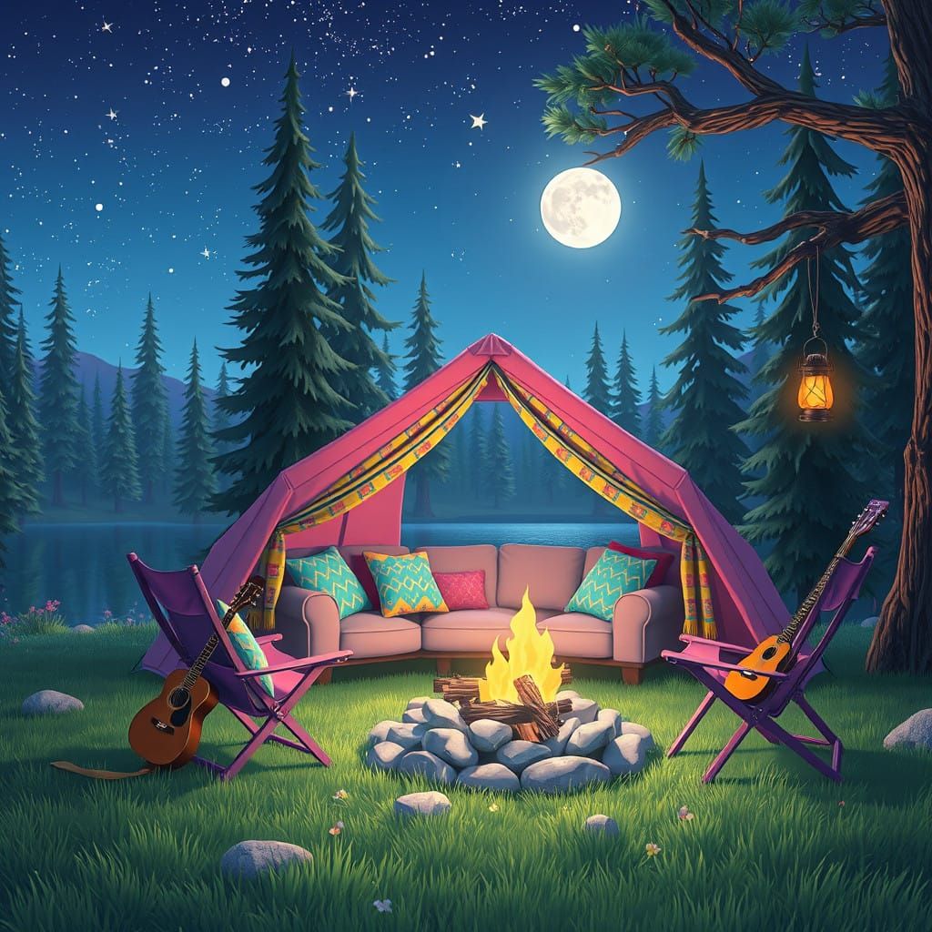 Whimsical 3D Anime Art of a Cozy Campsite Under the Stars