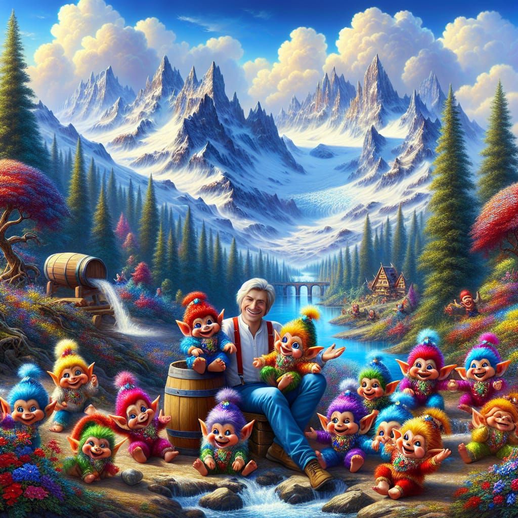 Joyful Father with Fantasy Creatures in Alpine Scene