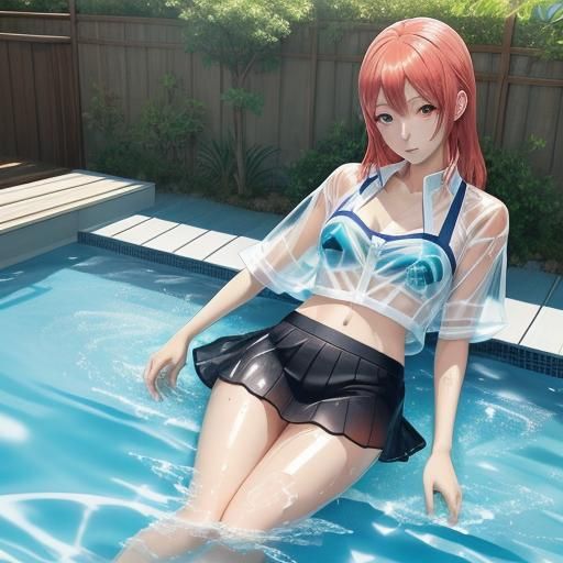 Anime Girl in Wet Bikini by Backyard Pool