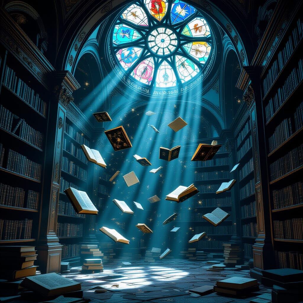 Forgotten Library with Ethereal Books and Constellations