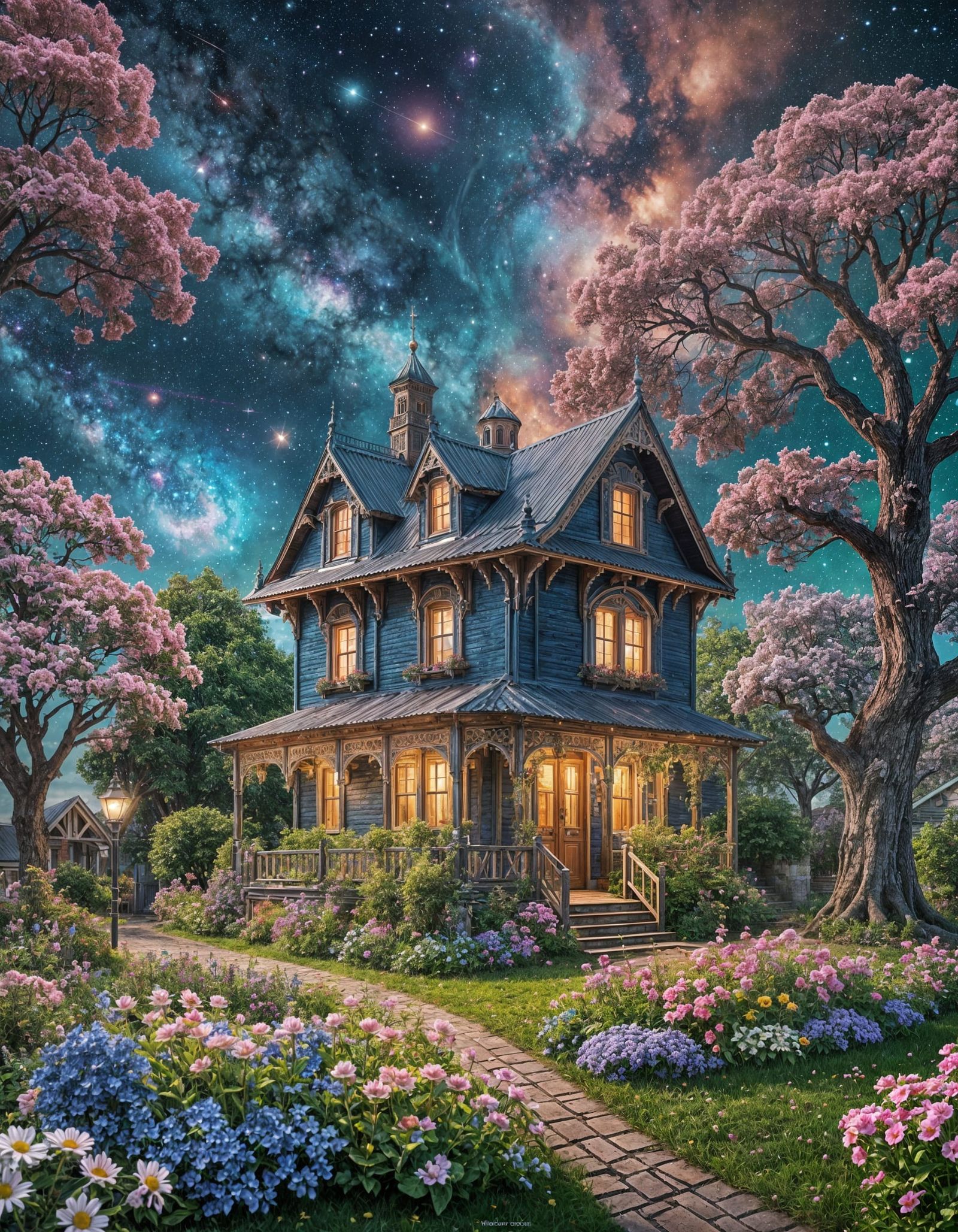 House and Garden Floating in Space with Galaxy