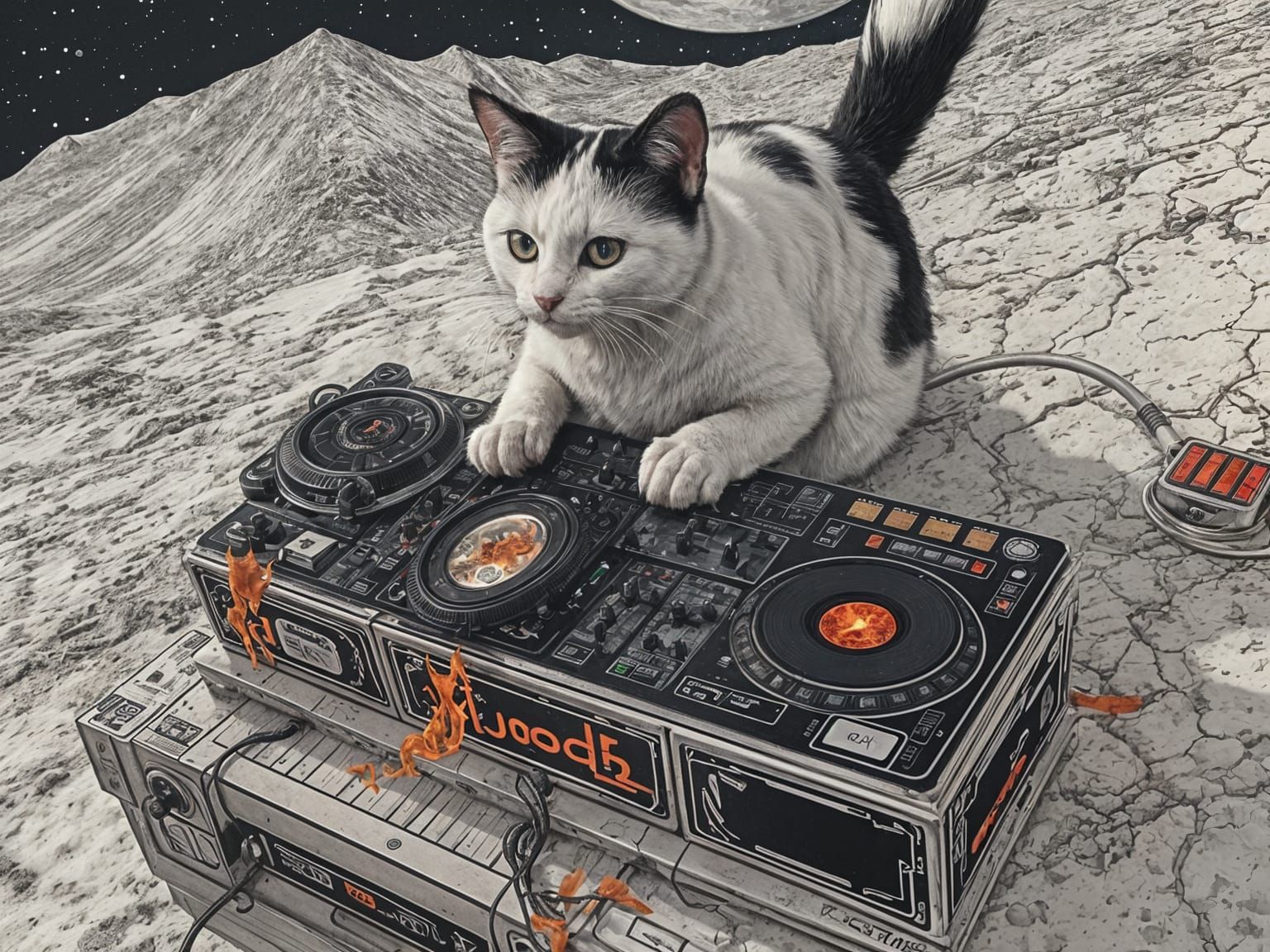 Calico Cat DJing on Psychedelic Moon with Fire